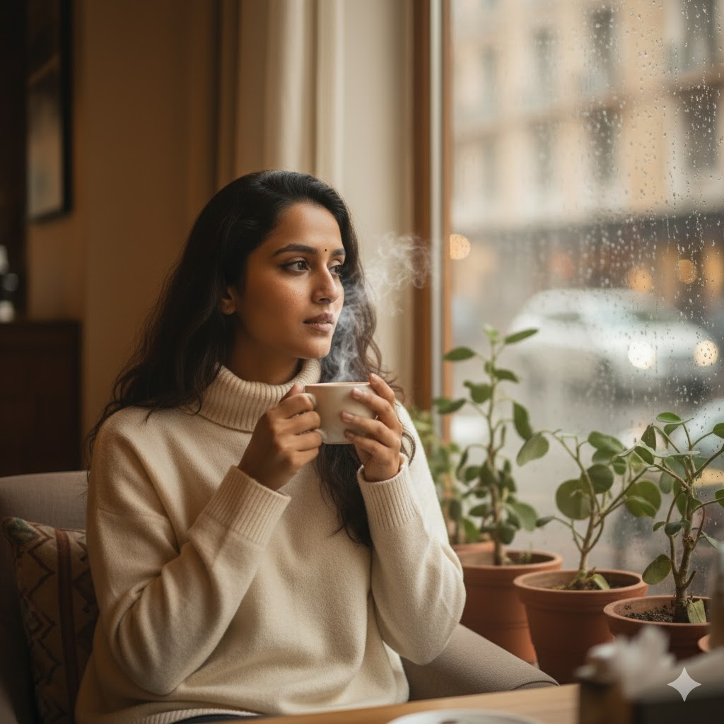 A girl in a winter coat, with snowflakes in her hair
